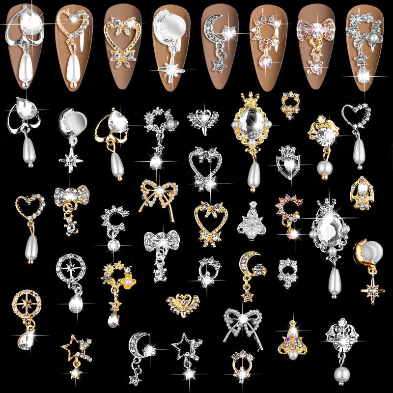 EBANKU 36 Pcs Luxury 3D Shiny Nail Art Charms  Rhinestone Diamonds Metal Jewelry Design Charms Gold Silver Heart Pearl Crystal Gems for Women DIY Beauty